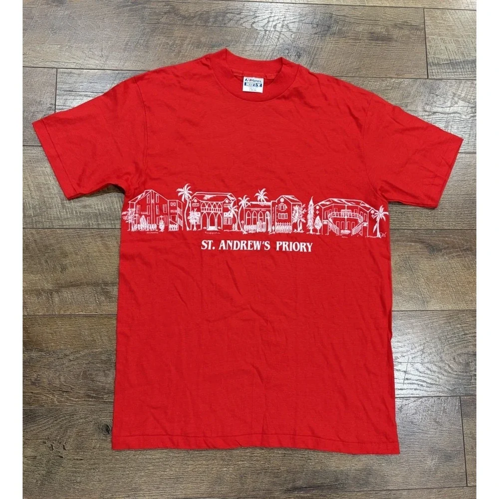Vintage 80s St. Andrews Priory Honolulu‎ Hawaii Graphic Tee Red Medium Beach